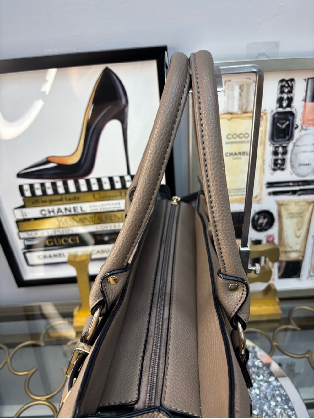 Structured Taupe Satchel with Gold Lock Detail - Picture 7 of 9